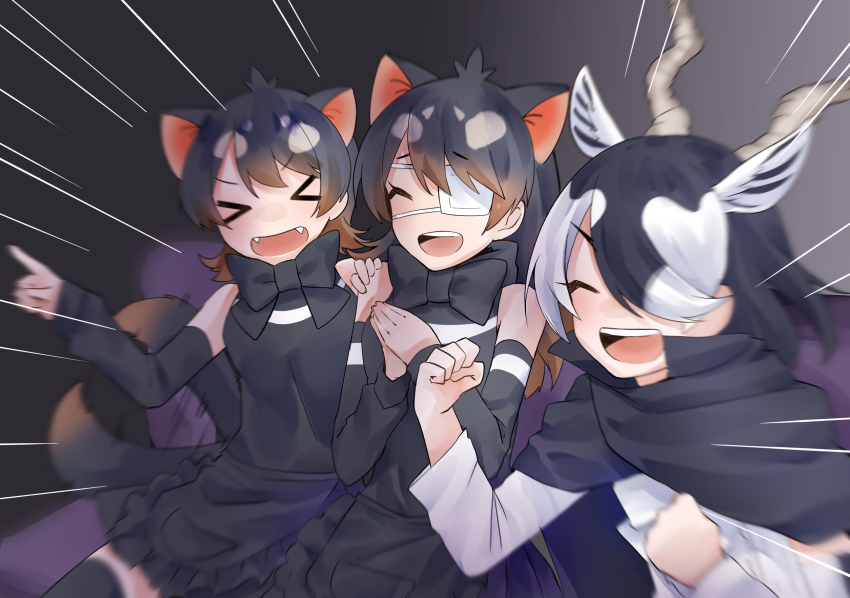 &gt;_&lt; 3girls :d ^_^ animal_ears antelope_ears antelope_horns apron australian_devil_(kemono_friends) bad_id bad_pixiv_id bare_shoulders batten_japari_dan black_hair blackbuck_(kemono_friends) blurry bow bowtie brown_hair cape clenched_hands closed_eyes closed_mouth couch detached_sleeves emphasis_lines extra_ears eyepatch fangs furrowed_brow gaijin_4koma_(meme) grey_hair hair_over_one_eye hand_on_another&#039;s_shoulder hands_up highres horns isobee kemono_friends long_hair medical_eyepatch medium_hair meme multicolored_hair multiple_girls open_mouth own_hands_together pointing shirt sitting skirt smile swept_bangs tail tasmanian_devil_(kemono_friends) tasmanian_devil_ears tasmanian_devil_tail teeth thighhighs two-tone_hair upper_teeth_only v-shaped_eyebrows waist_apron white_hair xd zettai_ryouiki |d