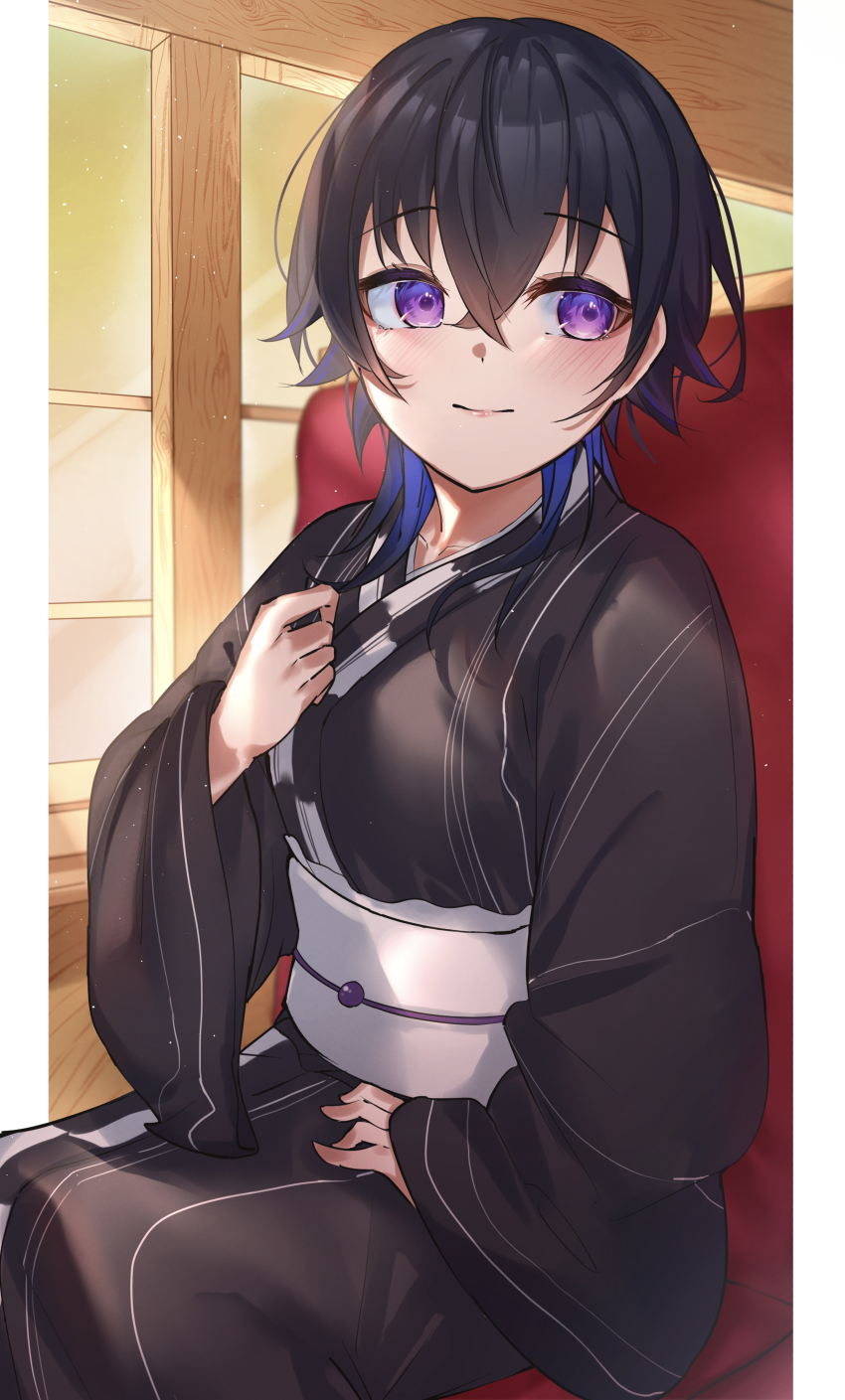1girl absurdres black_hair black_kimono blue_hair blush couch crossed_bangs highres ichinose_uruha japanese_clothes kimono long_sleeves looking_to_the_side multicolored_hair obi purple_eyes ringozeri sash sitting solo streaked_hair virtual_youtuber vspo! white_sash wide_sleeves window wolf_cut wood