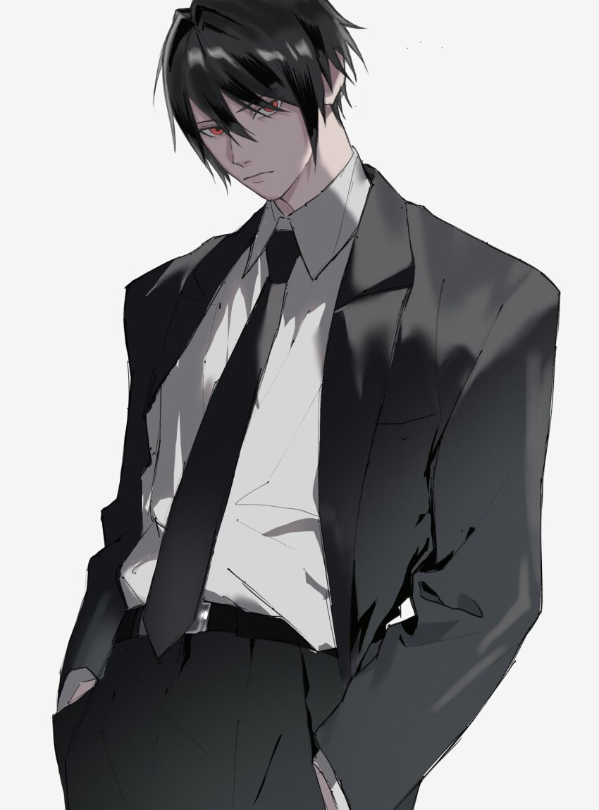 1boy belt belt_buckle black_hair black_jacket black_necktie black_pants black_suit buckle closed_mouth collared_shirt commentary_request final_fantasy final_fantasy_vii formal_clothes hair_between_eyes hands_in_pockets highres jacket lifestream777 looking_at_viewer male_focus necktie open_clothes open_jacket pants red_eyes serious shirt short_hair simple_background solo suit turks_(ff7) upper_body vincent_valentine white_shirt