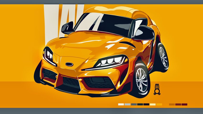 car chibi color_guide glowing highres letterboxed motor_vehicle no_humans orange_background orange_car original retromirai shadow sports_car toyota toyota_supra toyota_supra_mk_v vehicle_focus