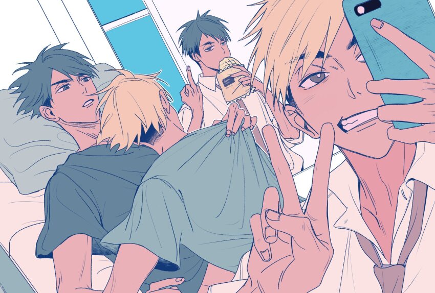 2boys black_hair blonde_hair bread brothers brown_eyes collared_shirt commentary_request eating fingernails food grey_eyes grey_hair grey_necktie grin haikyuu!! highres holding holding_food holding_phone looking_at_another lying lying_on_person male_focus melon_bread middle_finger miya_atsumu miya_osamu miyaii17 multicolored_hair multiple_boys multiple_views necktie on_back open_collar phone pillow shirt short_sleeves siblings smile t-shirt teeth twins two-tone_hair v white_shirt window