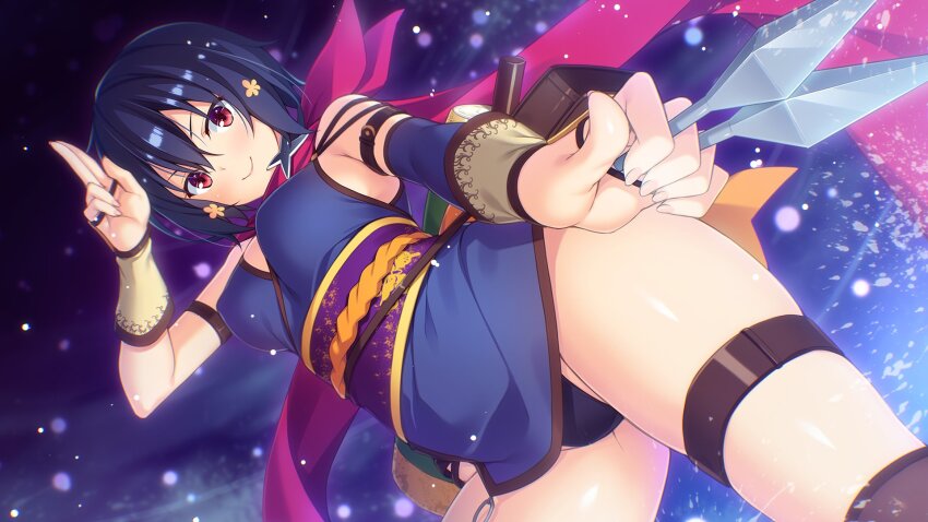 1girl black_hair black_pantyhose breasts commentary_request commission contrapposto cosplay detached_sleeves dutch_angle from_below hair_ornament highres hinata_nao holding holding_kunai holding_weapon japanese_clothes kanon_mayfield kanon_mayfield_(cosplay) kunai medium_breasts mizuno_ai ninja obi pantyhose purple_scarf red_eyes sash scarf secret_agent_~kishi_gakuen_no_shinobi_naru_mono~ single_detached_sleeve skeb_commission smile solo thigh_strap weapon zombie_land_saga