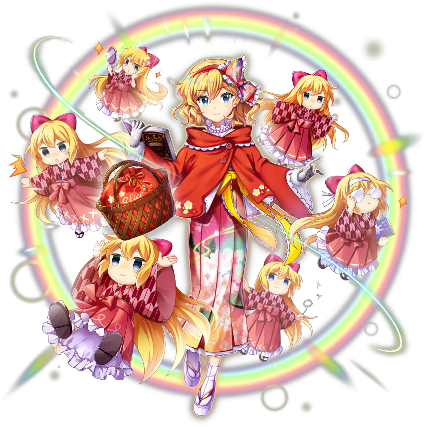 6+girls alice_margatroid alice_margatroid_(puppeteer_at_the_hieda_residence) alternate_costume basket blonde_hair blue_eyes book bow capelet checkered_clothes checkered_kimono closed_mouth doll floral_print flower full_body game_cg glasses gloves grey_gloves hair_bow hair_flower hair_ornament hairband hakama hakama_skirt highres holding holding_basket holding_book japanese_clothes kimono long_hair long_sleeves looking_at_viewer multiple_girls official_art open_mouth rainbow red_bow red_capelet red_hairband red_kimono rotte_(1109) sandals shanghai_doll short_hair skirt smile third-party_source touhou touhou_lostword transparent_background white_hairband white_sandals wide_sleeves