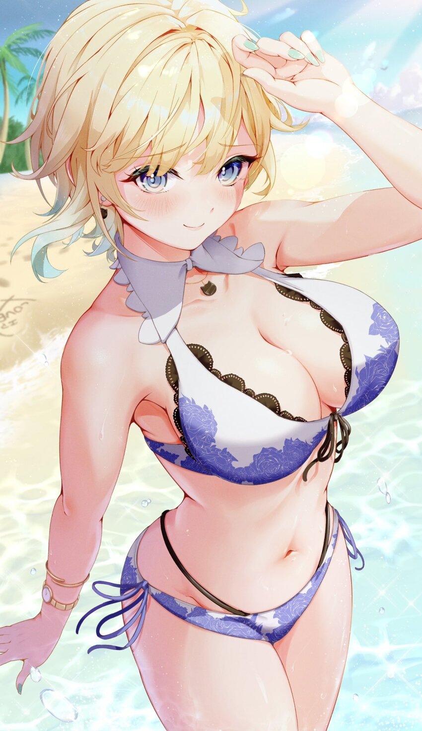 1girl aizawa_ema aqua_nails armpits beach bikini bikini_day blonde_hair blue_bikini blue_eyes blush breasts cat_earrings closed_mouth day earrings floral_print_bikini front-tie_bikini_top front-tie_top highres jewelry large_breasts layered_bikini looking_at_viewer motoja_72p nail_polish navel outdoors palm_tree side-tie_bikini_bottom smile solo stomach swimsuit thighs tree virtual_youtuber vspo! watch white_bikini wristwatch