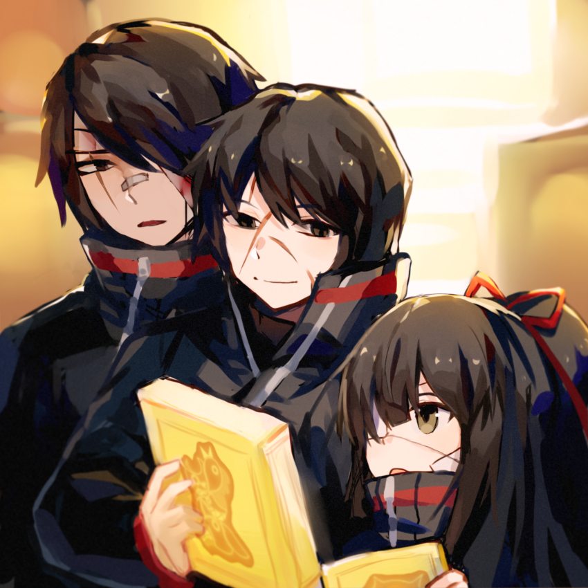 1boy 2girls 3girls bandage_over_one_eye bandaid bandaid_on_face bandaid_on_nose black_eyes black_hair black_jacket book closed_mouth eyepatch film_grain green_eyes hair_over_one_eye hair_ribbon height_difference high_collar highres holding holding_book jacket kusuri_(sophiaxu8) library_of_ruina long_hair multiple_girls multiple_scars open_mouth project_moon red_ribbon ribbon scar scar_across_eye scar_on_face shi_association_south_uniform short_hair smile tenma_(project_moon) valentin_(project_moon) yujin_(project_moon)