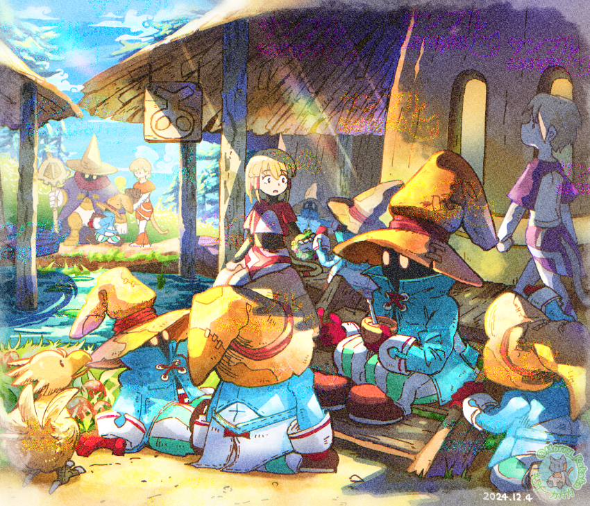 black_mage_(final_fantasy) blonde_hair bowl chocobo dated final_fantasy final_fantasy_ix gloves hat highres holding holding_staff mikoto_(ff9) monkey_tail pet_bowl red_gloves river sitting sitting_on_stairs staff stairs tail twitter_username vivi_ornitier watermark wizard_hat yutayara