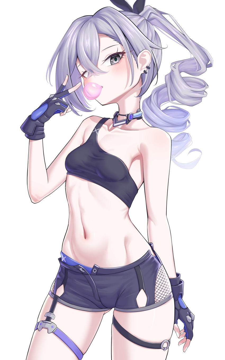 1girl absurdres bare_shoulders black_shorts blowing_bubble_gum breasts chewing_gum drill_hair drill_ponytail earrings eyewear_on_head fingerless_gloves gloves grey_eyes grey_hair highres honkai:_star_rail honkai_(series) jacket jewelry long_hair looking_at_viewer navel shirt short_shorts shorts silver_wolf_(honkai:_star_rail) single-shoulder_shirt single_drill small_breasts solo tabibito_(pew_cpotty) thigh_strap