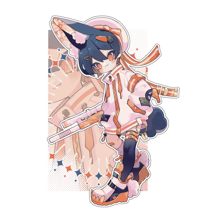 1boy animal-themed_footwear animal_ear_fluff bandaid bandaid_on_knee bandaid_on_leg belt black_hair black_thighhighs blush bright_pupils carrot_hair_ornament closed_mouth commentary double-parted_bangs eyes_visible_through_hair fang food-themed_hair_ornament full_body gun hair_between_eyes hair_ornament hairclip hat hat_belt highres jacket leg_warmers long_sleeves male_focus orange_belt orange_eyes original ozureiji rabbit_boy rabbit_tail rifle sailor_hat shoes short_hair single_leg_warmer single_thighhigh skin_fang smile solo symbol-only_commentary tail thighhighs tsurime weapon white_hat white_jacket white_leg_warmers white_pupils white_shoes zipper