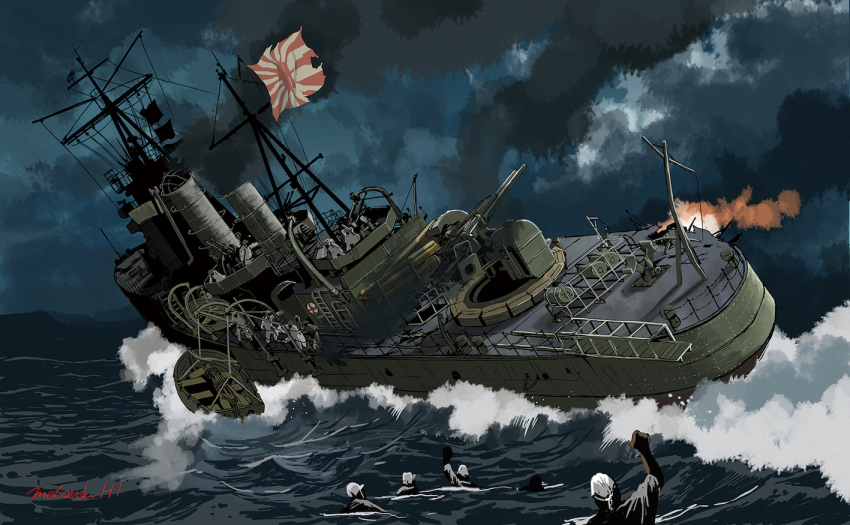 6+boys artist_name boat commentary destroyer fire imperial_japanese_navy matsuda_juukou military_vehicle multiple_boys original rising_sun_flag ship sinking smoke sunburst swimming take_(destroyer) vehicle_focus warship watercraft waves world_war_ii