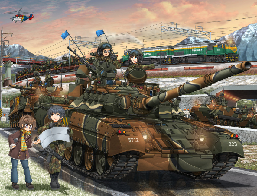3boys 3girls assault_rifle black_gloves bmp-3 boots bridge brown_eyes brown_hair camouflage cloud combat_boots daewoo_k2 daewoo_k200 daewoo_k263 diesel_locomotive digital_camouflage fang flag flag_on_vehicle freight_train glasses gloves goggles goggles_on_headwear gun hatch headset helmet highres huge_filesize k263 kamov_ka-27 locomotive m1_abrams m2_bradley machine_gun map mask mikeran_(mikelan) military military_combat_uniform military_uniform military_vehicle motor_vehicle mountain multiple_boys multiple_girls original pointing radio_antenna railroad_tracks reflection republic_of_korea_army rifle road scarf shadow sky soldier sweatdrop t-80 t-80u tank train weapon