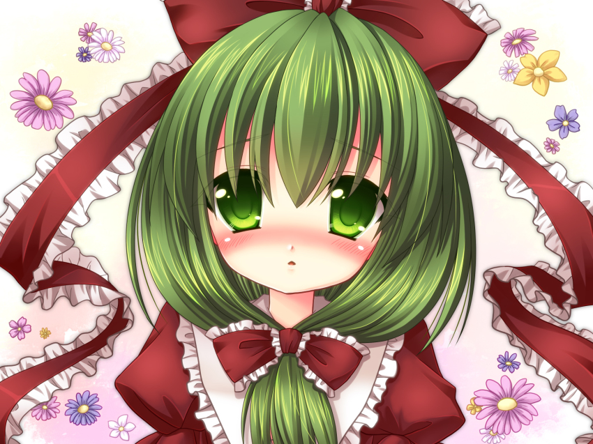 1girl asazuki_kanai blush female_focus flower frills front_ponytail green_eyes green_hair hair_ribbon highres kagiyama_hina kanai_amachi matching_hair/eyes ribbon solo touhou