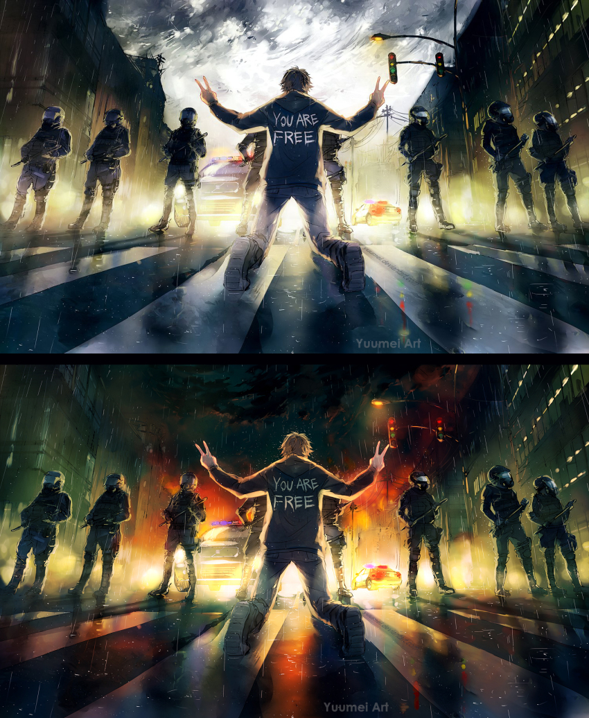 6+boys ballistic_shield baton_(weapon) car cloud cloudy_sky double_v english_text face_shield fisheye_placebo highres holding_baton_(weapon) kneeling motor_vehicle multiple_boys night original police police_car protest riot_police riot_shield shield shield_wall sky tear_gas v weapon yuumei