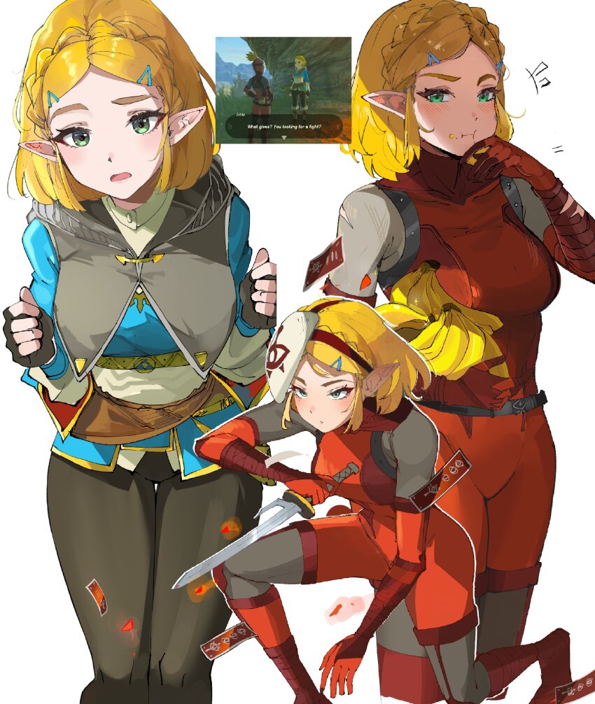 1girl absurdres alternate_costume blonde_hair bodysuit braid cosplay game_screenshot green_eyes hair_ornament hairclip highres looking_at_viewer mask unworn_mask nintendo official_alternate_costume official_alternate_hair_length official_alternate_hairstyle ormille parted_bangs pointy_ears princess_zelda red_bodysuit short_hair sidelocks skin_tight the_legend_of_zelda the_legend_of_zelda:_tears_of_the_kingdom yiga_clan yiga_clan_footsoldier yiga_clan_footsoldier_(cosplay)