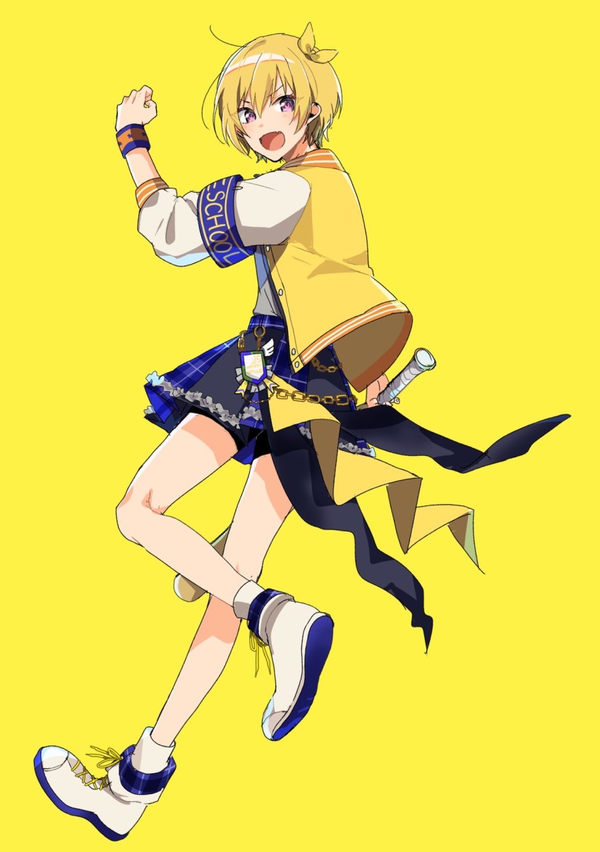 1girl arm_up baseball_bat bike_shorts blonde_hair blue_sash blue_skirt blush breasts chain dot_nose fang frilled_skirt frills from_side full_body grey_shirt hair_between_eyes hair_ribbon highres holding holding_baseball_bat idolmaster idolmaster_shiny_colors jacket leg_up long_sleeves looking_at_viewer open_clothes open_jacket open_mouth plaid_clothes plaid_skirt purple_eyes ribbon saijo_juri sash shirt shoe_soles shoes short_hair simple_background skirt small_breasts smile socks solo standing standing_on_one_leg two-tone_wristband v-shaped_eyebrows white_shoes white_socks yellow_background yellow_jacket yellow_ribbon yoshisawa