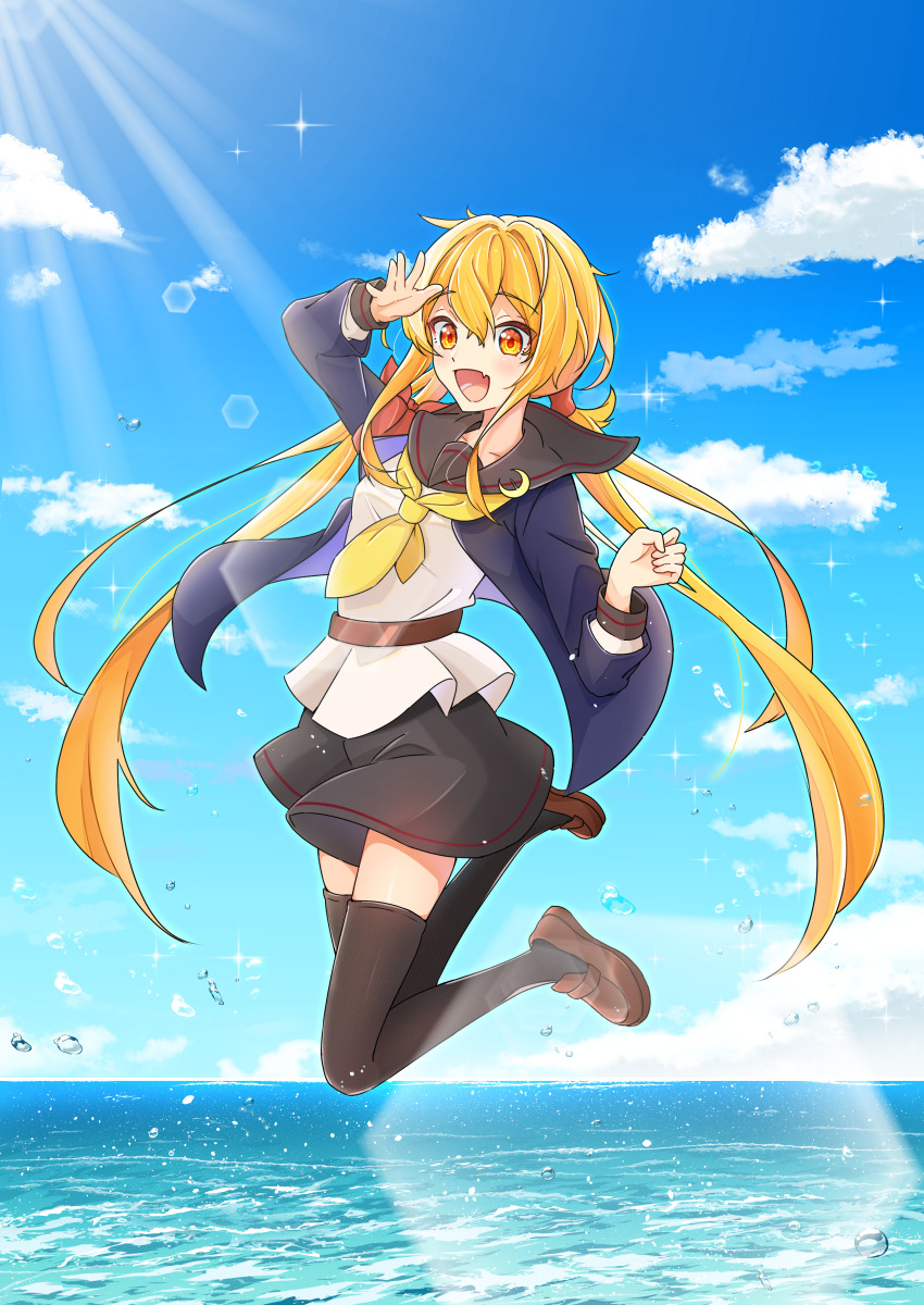 1girl absurdres black_sailor_collar black_skirt black_thighhighs blonde_hair blue_sky brown_shoes crescent crescent_pin day fang hair_between_eyes highres jumping kantai_collection loafers long_hair long_sleeves low_twintails miniskirt natsu_chiki neckerchief ocean open_mouth outdoors sailor_collar satsuki_(kancolle) satsuki_kai_ni_(kancolle) school_uniform serafuku shoes skin_fang skirt sky solo thighhighs twintails very_long_hair yellow_eyes yellow_neckerchief