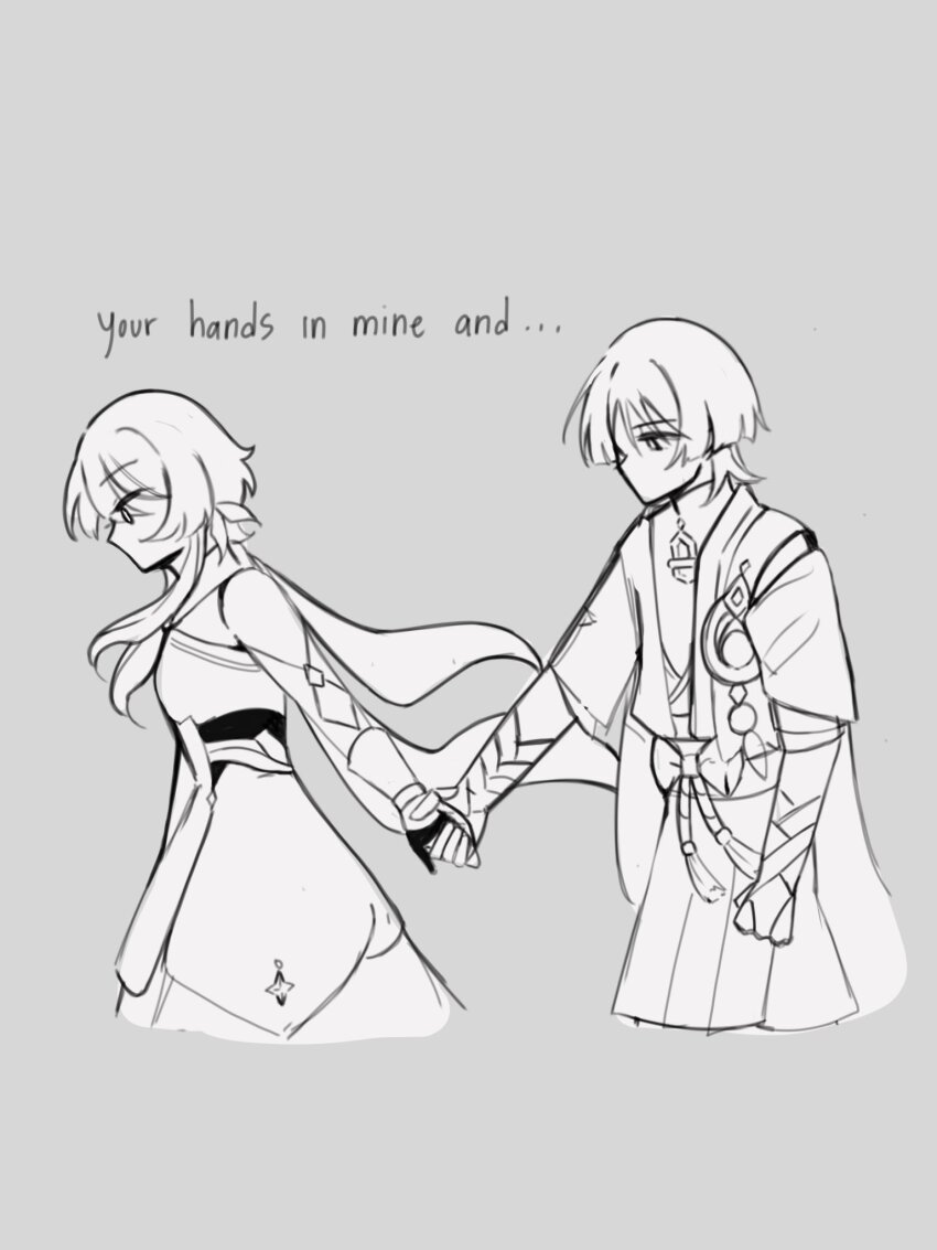 1boy 1girl alphastroo arm_cutout armor blunt_ends bodysuit bow bridal_gauntlets cape corset cropped_legs detached_sleeves dress english_text feather_hair_ornament feathers furisode gem genshin_impact gloves grey_background greyscale hair_ornament highres holding_hands japanese_armor japanese_clothes juban kimono kote layered_sleeves looking_at_another looking_down looking_to_the_side lumine_(genshin_impact) monochrome no_mouth open_clothes open_kimono partially_fingerless_gloves pleated_shorts pom_pom_(clothes) scaramouche_(genshin_impact) scarf short_hair short_hair_with_long_locks short_sleeves sidelocks tassel vambraces vision_(genshin_impact) wanderer_(genshin_impact) wispy_bangs