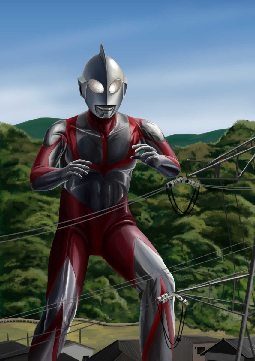 1boy alien blue_sky collarbone colored_skin commentary compound_eyes day dorsal_fin feet_out_of_frame fighting_stance gattyo giant glowing glowing_eyes gradient_sky guard_rail hands_up highres house knee_up legs_apart looking_ahead male_focus moss mountain mountainous_horizon multicolored_skin outdoors pectorals power_lines red_skin shin_ultraman silver_skin sky solo standing tokusatsu ultra_series ultraman ultraman_(shin) white_eyes wrinkled_skin