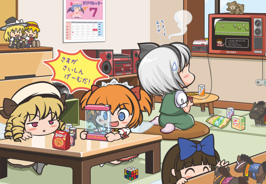 4girls alice_margatroid antique_phone blonde_hair blue_bow blue_eyes blunt_bangs blush boombox bow brown_hair calendar_(object) can canned_coffee character_doll chibi chips_(food) closed_mouth commentary_request doll drill_hair drink_can fairy_wings famicom famicom_gamepad fang food full_body game_console ghost green_skirt green_vest grey_hair half-closed_eyes jun_sasaura kirisame_marisa konpaku_youmu konpaku_youmu_(ghost) looking_at_another luna_child medium_hair multiple_girls open_mouth orange_hair playing_games potato_chips puffy_short_sleeves puffy_sleeves quad_drills red_eyes remilia_scarlet rubik&#039;s_cube shirt short_hair short_sleeves skirt skirt_set smile star_sapphire stuffed_animal stuffed_horse stuffed_toy sunny_milk super_horse_racing sweatdrop touhou translation_request vest waterful_ring-toss white_shirt wings