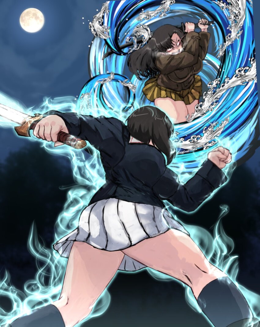 2girls aura black_jacket black_thighhighs boots bougainvillea_(unnryuu) breasts brown_jacket chi-hatan_military_uniform commentary_request dark_skin fighting girls_und_panzer highres holding holding_sword holding_weapon jacket katana kawashima_momo kimetsu_no_yaiba large_breasts long_hair moon multiple_girls night nishi_kinuyo ooarai_military_uniform outdoors pleated_skirt short_hair skirt standing sword thighhighs weapon white_skirt