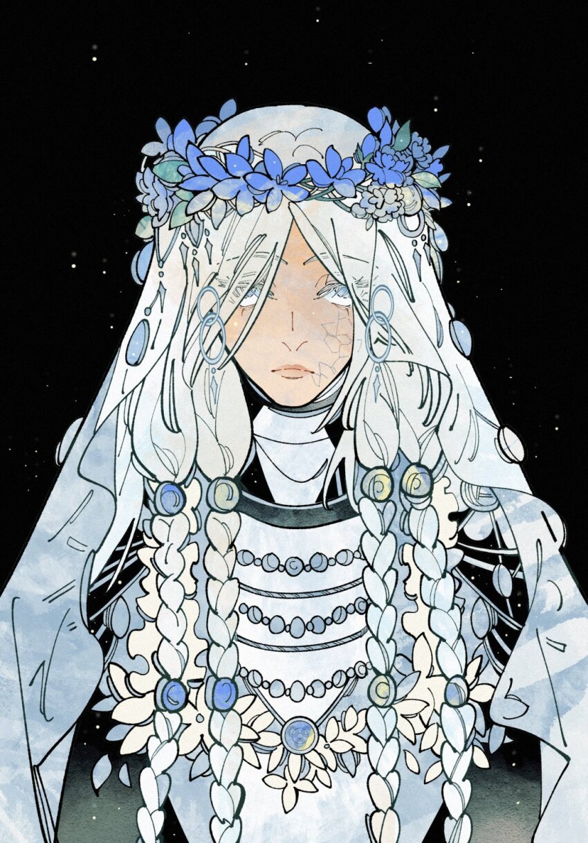 1girl black_background blue_eyes braid closed_mouth colored_eyelashes cracked_skin drenched-in-sunlight dress earrings elden_ring elden_ring_nightreign flower flower_necklace head_wreath highres hoop_earrings jewelry long_hair low_twin_braids necklace revenant_(elden_ring) solo twin_braids upper_body veil white_dress white_eyelashes white_hair white_veil