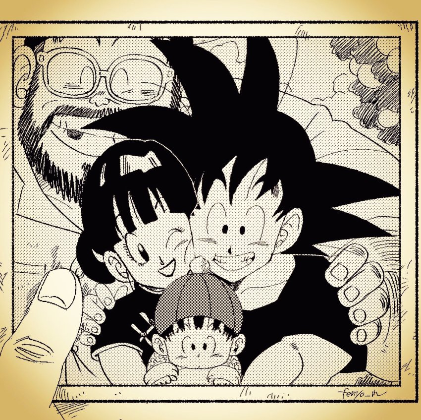 1girl 3boys ^_^ artist_name baby beard black_dress black_eyes black_hair black_shirt blunt_bangs cheek-to-cheek chi-chi_(dragon_ball) child china_dress chinese_clothes clenched_teeth closed_eyes collarbone collared_dress commentary_request dragon_ball dragon_ball_(classic) dress expressionless eyelashes facial_hair facing_viewer family father_and_daughter father_and_son fenyon fingernails glasses gyuu_mao hair_bun halftone hand_on_another&#039;s_shoulder happy hat heads_together height_difference husband_and_wife lipstick long_sleeves looking_at_another looking_at_viewer looking_to_the_side makeup mother_and_son multiple_boys one_eye_closed photo_(object) plaid_clothes plaid_headwear pom_pom_(clothes) pov pov_hands shirt single_hair_bun sleeves_past_wrists smile son_gohan son_goku spiked_hair teeth