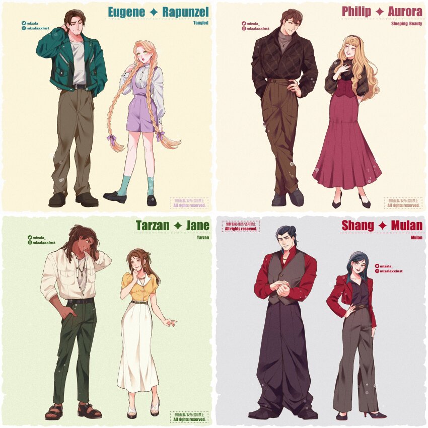 4boys 4girls absurdres aurora_(disney) black_hair blonde_hair brown_hair casual company_connection disney disney_princess dress fa_mulan_(disney) flynn_rider green_eyes highres jane_porter li_shang_(disney) long_hair looking_at_viewer mizala mulan_(movie) multiple_boys multiple_girls phillip_(disney) princess rapunzel_(disney) short_hair sleeping_beauty_(disney) smile tangled tarzan_(disney) tarzan_(disney_movie) very_long_hair