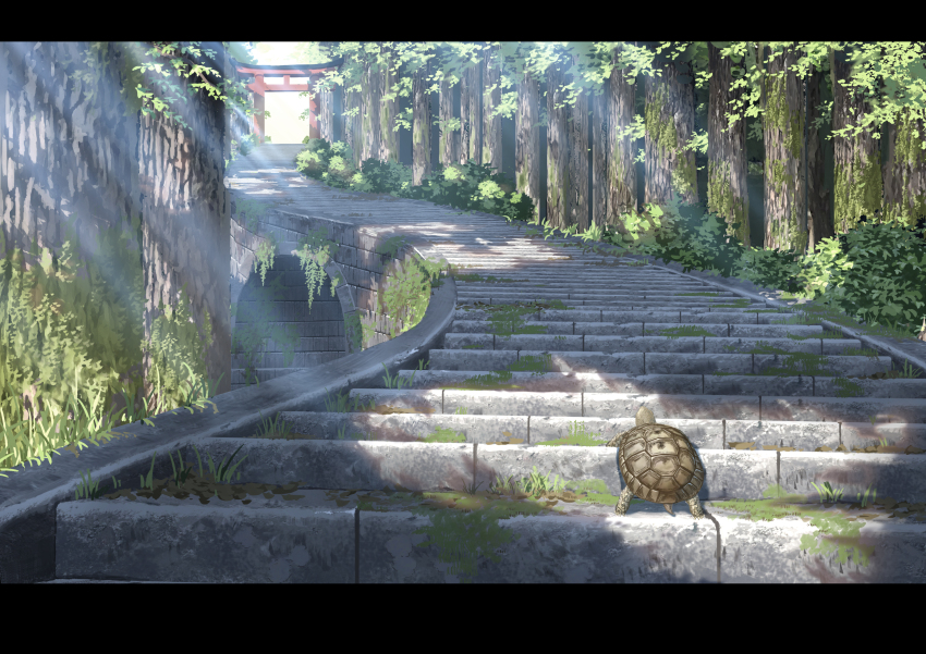 absurdres animal animal_focus bush day highres moss no_humans original outdoors scenery stairs sumassha_t_t torii tortoise tree turtle