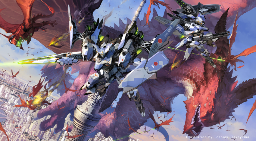 artist_name battle beam blue_sky charging city cityscape dragon energy_sword epic flying gun highres holding holding_sword holding_weapon japan_ground_self-defense_force japan_self-defense_force mecha military no_humans robot scales shield silhouette sky sumida_(tokyo) sword takayama_toshiaki tokyo_(city) tokyo_tower tower weapon