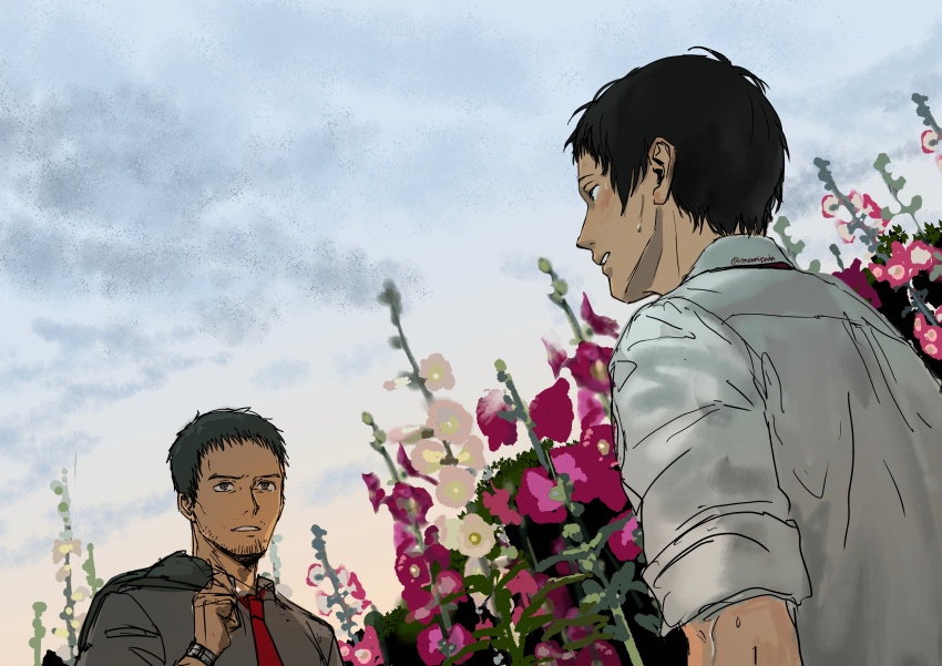 2boys absurdres adachi_tooru beard_stubble black_eyes black_hair doujima_ryoutarou facial_hair flower gradient_sky grey_shirt highres holding holding_jacket holding_unworn_clothes jacket jacket_over_shoulder looking_at_another morrisuit multiple_boys necktie parted_lips persona persona_4 pink_flower red_necktie shirt short_hair short_sleeves sky stubble sweatdrop unworn_jacket watch white_flower white_shirt wristwatch