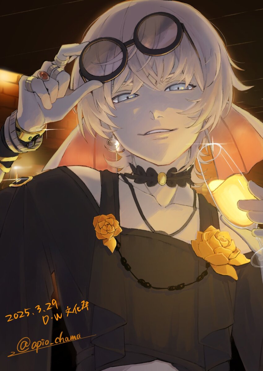 1boy 2025 adjusting_eyewear androgynous apio_chama black_choker black_shirt blue_eyes blue_skin bracelet choker clothing_cutout collarbone colored_skin commentary_request cropped_shirt cup dated dragon_quest dragon_quest_x drink drinking_glass earrings fins fish_boy flower gem grin half-closed_eyes head_fins highres holding holding_cup holding_drink jewelry looking_at_viewer looking_down male_focus multiple_bracelets multiple_rings red_gemstone ring rose round_eyewear shirt short_hair shoulder_cutout silver_earrings slime_(dragon_quest) smile solo sparkle translation_request twitter_username upper_body weddie_(dq10) white_hair yellow_flower yellow_rose