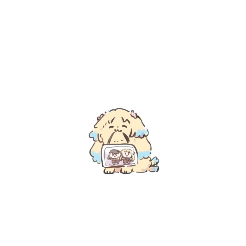 :3 ^_^ afterimage animal animalization ao_kaeru bag blonde_hair blue_hair brown_dress brown_hair character_doll closed_eyes closed_mouth dog dress facing_viewer flower fujishima_megumi gradient_hair hair_flower hair_ornament hasu_no_sora_school_uniform highres light_blue_hair link!_like!_love_live! long_hair love_live! mouth_hold multicolored_hair negative_space no_humans osawa_rurino parted_bangs pink_flower school_uniform simple_background smile tail tail_wagging transparent_bag twintails two_side_up virtual_youtuber white_background winter_uniform |_|