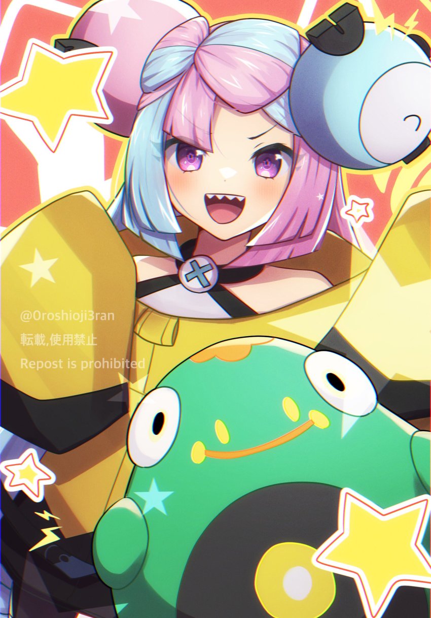0roshioji3ran 1girl :d bellibolt blue_hair character_hair_ornament commentary_request game_freak hair_ornament happy highres iono_(pokemon) jacket long_sleeves looking_at_viewer nintendo open_mouth pokemon pokemon_(creature) pokemon_sv purple_eyes purple_hair sharp_teeth shirt sleeveless sleeveless_shirt sleeves_past_fingers sleeves_past_wrists smile star_(symbol) star_in_eye symbol_in_eye teeth tongue twitter_username upper_teeth_only watermark yellow_jacket