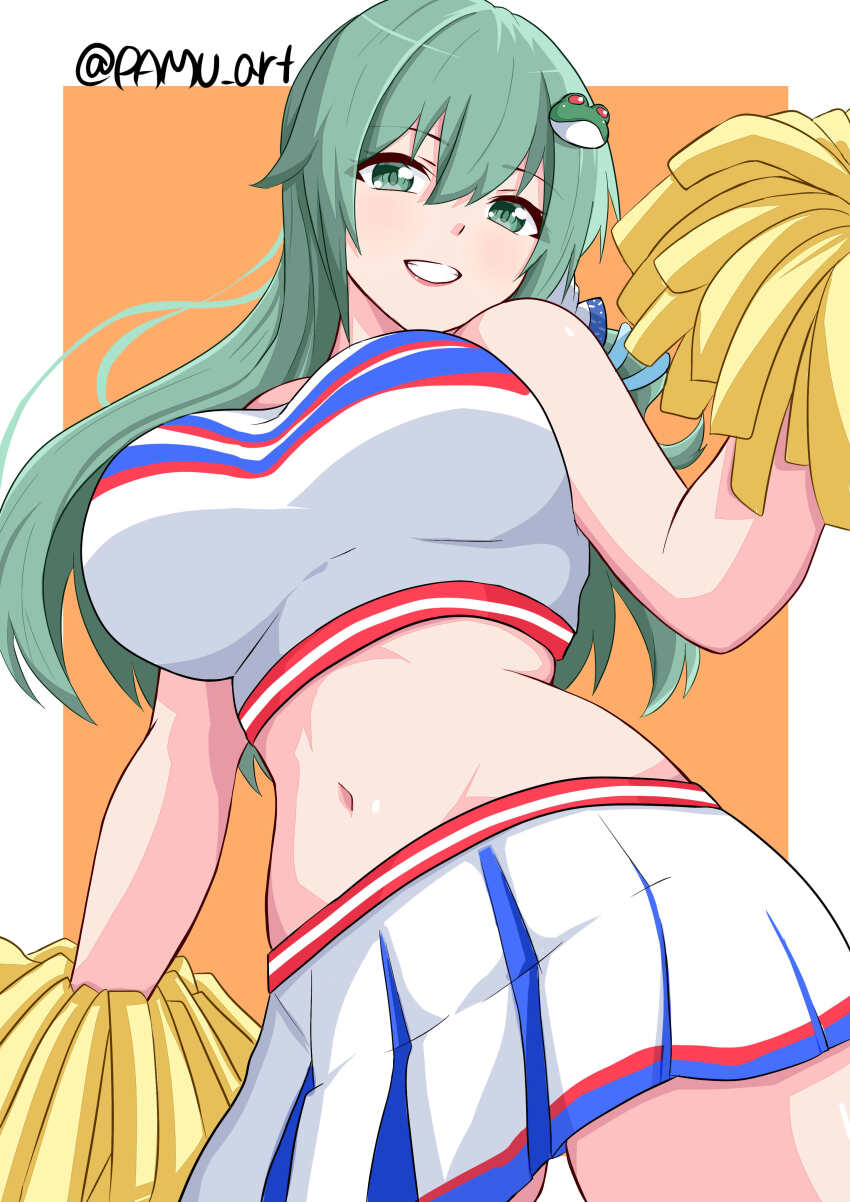 1girl absurdres alternate_costume bare_shoulders border breasts cheerleader commentary_request cowboy_shot crop_top frog_hair_ornament from_below green_eyes green_hair grin hair_ornament hair_tubes hand_up highres holding holding_pom_poms kochiya_sanae large_breasts long_hair looking_at_viewer midriff multicolored_shirt multicolored_skirt navel orange_background outside_border pamu_art partial_commentary pleated_skirt pom_pom_(cheerleading) pom_poms shirt single_hair_tube skirt sleeveless sleeveless_shirt smile snake_hair_ornament solo touhou twitter_username white_border