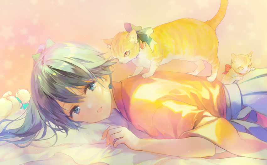 1girl 888myrrh888 animal animal_on_back bad_id bad_nicoseiga_id blue_eyes blue_hair blue_hakama cat hakama hakama_skirt houshou_(kancolle) japanese_clothes kantai_collection kimono long_hair lying on_stomach open_mouth pink_background ponytail simple_background skirt star_(symbol) tasuki
