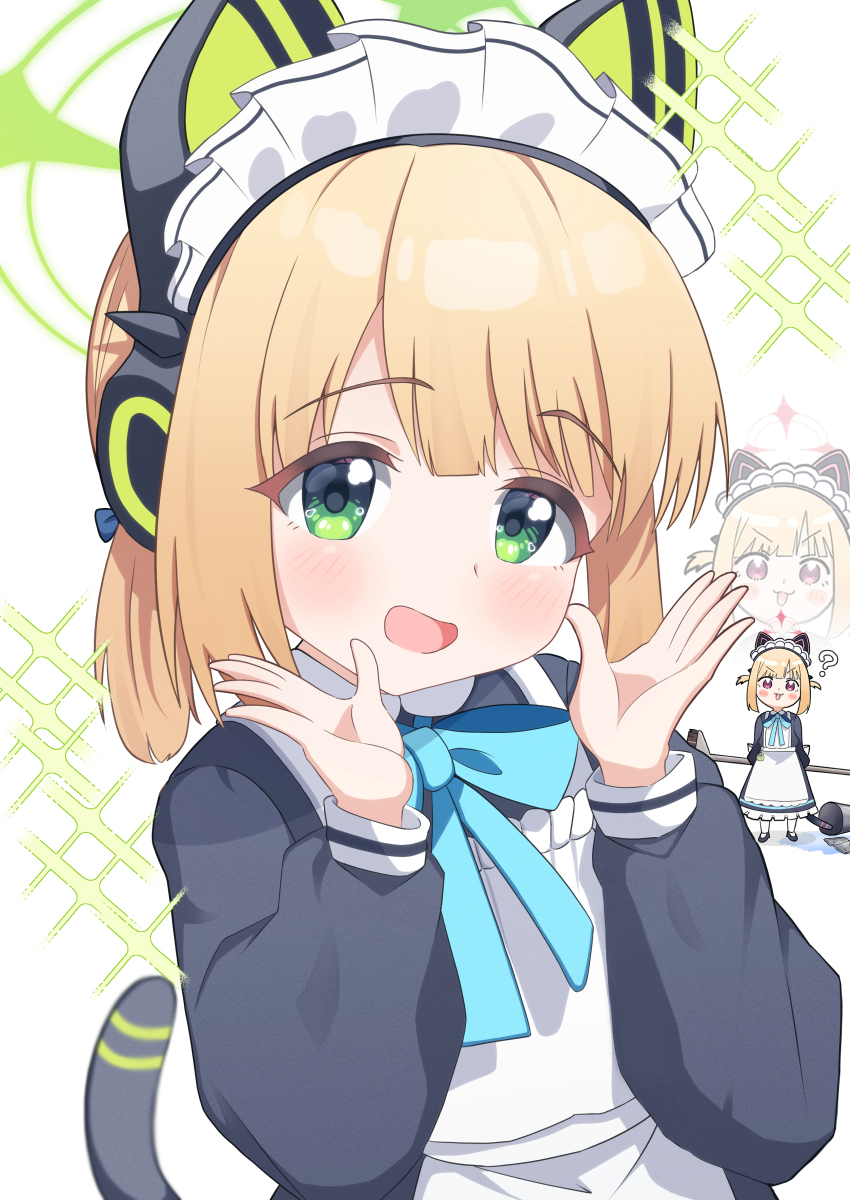 2girls :3 ? absurdres animal_ear_headphones animal_ears apron aqua_bow aqua_bowtie back_bow black_dress black_shoes blonde_hair blue_archive blue_bow blurry blush blush_stickers bow bowtie broom bucket cat_ear_headphones cat_ears cleaning_rag collared_dress commentary_request contrast_collar dress fake_animal_ears frilled_apron frilled_dress frills green_eyes green_halo hair_bow halo hands_up headphones highres holding holding_behind_back holding_broom long_sleeves looking_at_viewer maid maid_apron maid_headdress mashi_stkt medium_hair midori_(blue_archive) midori_(maid)_(blue_archive) momoi_(blue_archive) momoi_(maid)_(blue_archive) multiple_girls official_alternate_costume official_alternate_hairstyle open_hands open_mouth pantyhose parted_bangs pink_eyes pink_halo puffy_long_sleeves puffy_sleeves redrawn shadow shoes short_twintails siblings sidelocks simple_background sisters smile spill standing tareme twins twintails upper_body v-shaped_eyebrows virtual_pet_(toy) water white_apron white_background white_bow white_headdress white_pantyhose