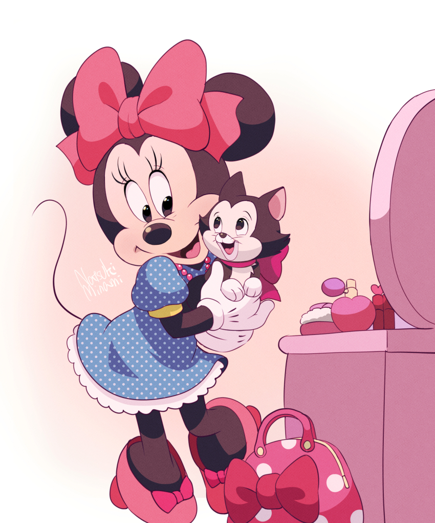 1boy 1girl absurdres animal_ears bag blue_dress bow cat disney dress figaro_(disney) gloves hair_bow handbag highres jewelry mickey_mouse_&amp;_friends minnie_mouse mouse_ears mouse_girl mouse_tail natsuki_nori necklace open_mouth polka_dot signature smile tail white_gloves