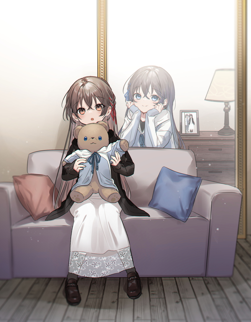 2girls :o absurdres blue_eyes blue_ribbon blush braid brown_hair child commentary commission couch different_reflection drawer dress framed_image hair_between_eyes hands_on_own_cheeks hands_on_own_face highres holding holding_stuffed_toy indoors jacket lamp leaning light_particles looking_at_viewer mirror_twins multiple_girls on_couch original photo_(object) pillow red_eyes red_ribbon reflection ribbon sake_(utopia_modoki) shoes siblings sisters sitting smile stuffed_animal stuffed_toy teddy_bear twins wooden_floor