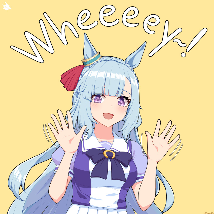 1girl absurdres animal_ears artist_logo blue_hair blush bow braid breasts commentary crown_braid ear_ornament english_commentary highres horse_ears horse_girl light_blue_hair logo medium_breasts mejiro_ardan_(umamusume) mouhantain open_mouth pleated_skirt purple_bow purple_eyes purple_shirt sailor_collar school_uniform shirt simple_background skirt smile solo summer tracen_school_uniform twitter_username umamusume upper_body waving white_skirt yellow_background