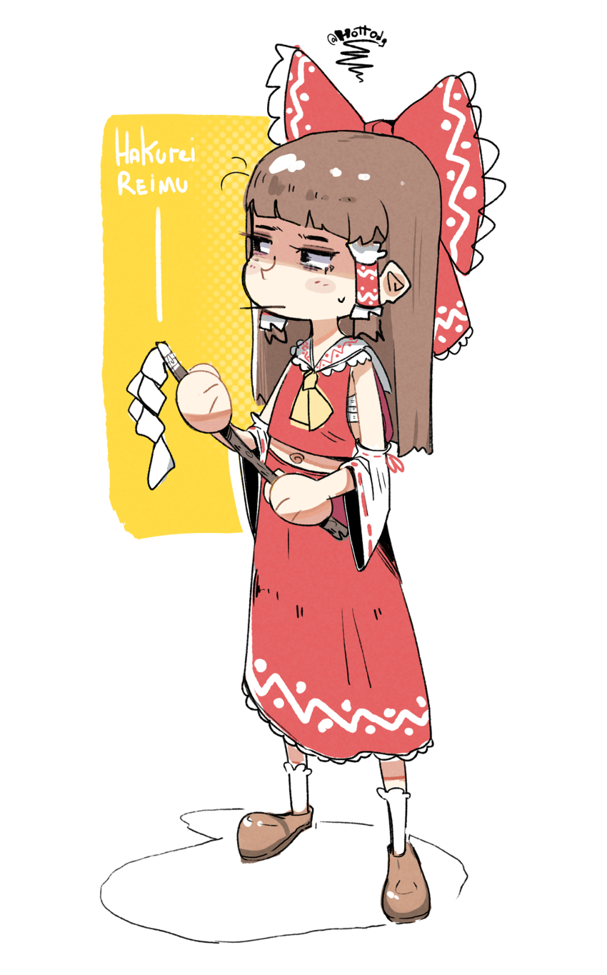 1girl absurdres ascot bare_shoulders bow brown_hair brown_shoes full_body gohei hair_bow hair_ornament hakurei_reimu highres holding holding_stick hottodg long_sleeves navel red_bow red_skirt red_vest shoes skirt socks solo stick touhou vest white_background white_socks yellow_ascot