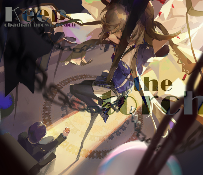 1boy 1girl absurdres arknights black_pantyhose brown_hair chain character_request commentary cow_girl cow_horns cytus cytus_ii english_commentary english_text flower foreshortening highres horns mumu53 pallas_(arknights) pantyhose red_flower shirt sidelocks