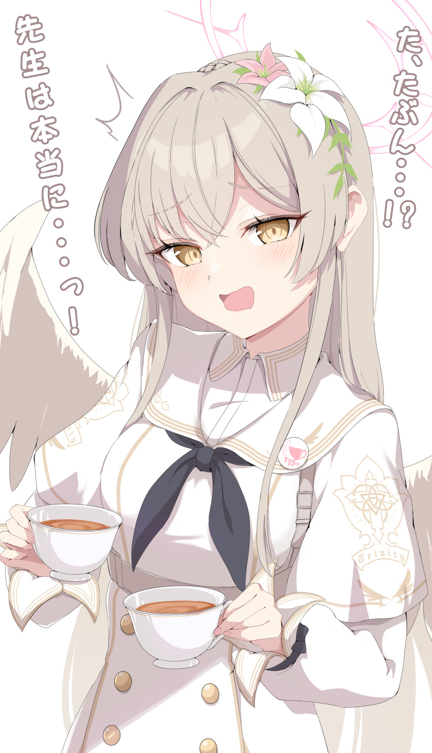 1girl absurdres black_neckerchief blonde_hair blue_archive blush cup dress feathered_wings flower hair_between_eyes hair_flower hair_ornament hello-ghiblisan highres holding holding_cup long_hair looking_at_viewer nagisa_(blue_archive) neckerchief open_mouth pink_flower sidelocks solo teacup white_dress white_flower wings yellow_eyes