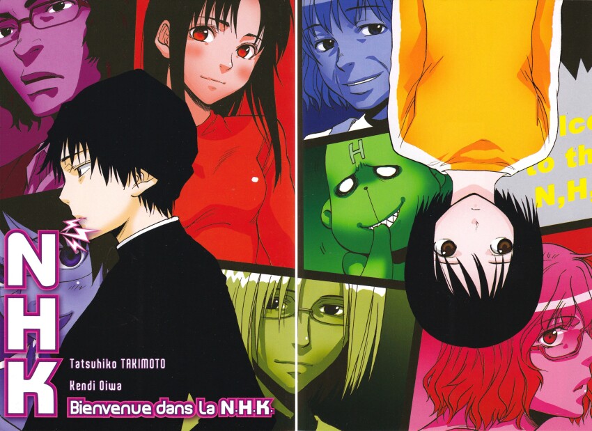 4boys 4girls absurdres arms_at_sides artist_name averting_eyes black_border black_hair black_shirt blue_background blush bob_cut border breasts character_request closed_mouth collage copyright_name cover cover_page english_text expressionless french_text from_side furrowed_brow gradient_background grey_background grin highres hikikomori_alien kashiwa_hitomi kobayashi_megumi laughing long_sleeves looking_to_the_side manga_cover mixed-language_text multicolored_background multiple_boys multiple_girls nakahara_misaki nhk_ni_youkoso! non-web_source official_art ooiwa_kenji pink_background profile purple_background red_background red_eyes romaji_text rotational_symmetry satou_tatsuhiro scan sharp_teeth shirt short_hair small_breasts smile teeth third-party_source translated upside-down yamazaki_kaoru yellow_shirt