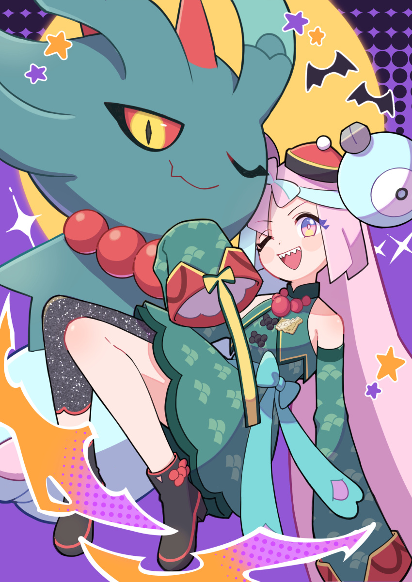 1girl flutter_mane highres iono_(fall_2024)_(pokemon) iono_(pokemon) jiangshi_costume multicolored_hair nintendo official_alternate_costume pokemon pokemon_(creature) pokemon_masters_ex shinna_(user_zfuz4288) two-tone_hair