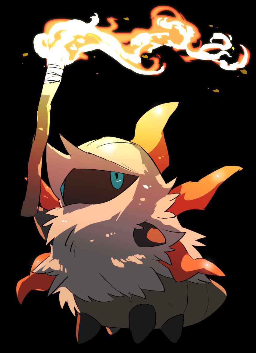 45_(maruyaki45) absurdres black_background blue_eyes bug creatures_(company) fire fur game_freak gen_5_pokemon highres holding holding_torch larvesta looking_up nintendo no_humans pokemon pokemon_(creature) simple_background solo standing torch white_fur