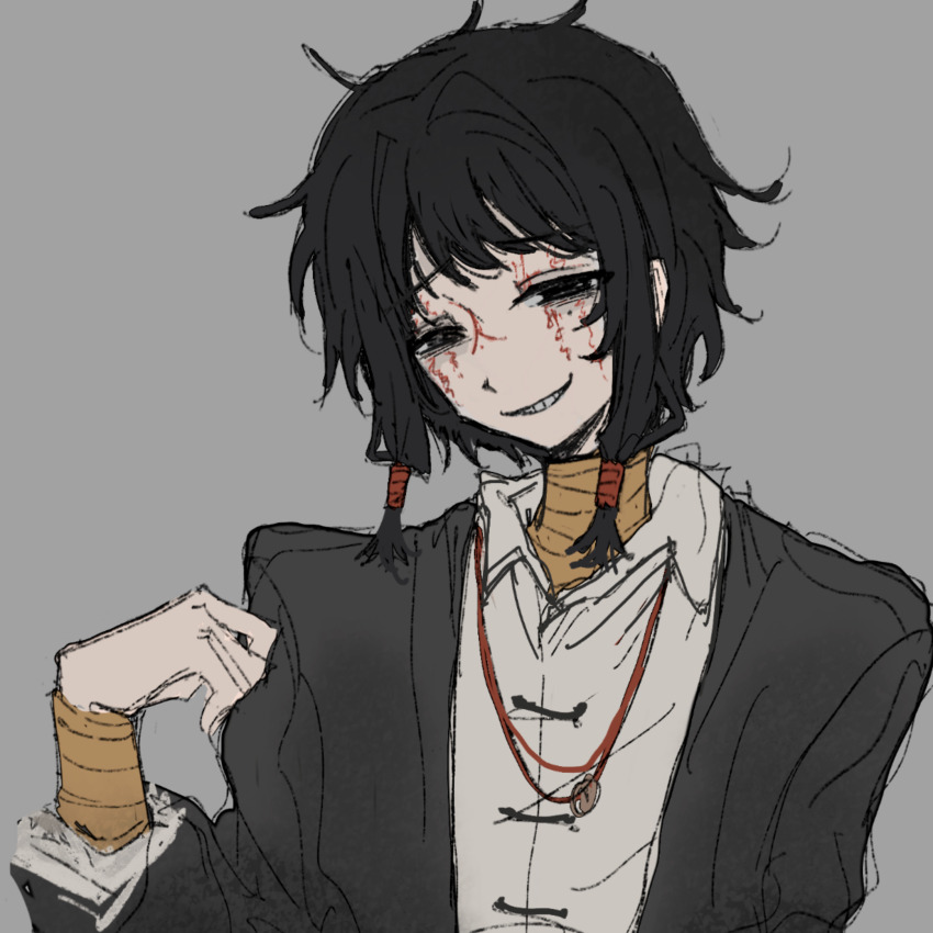 1boy bandaged_arm bandaged_neck bandages black_eyes black_hair black_jacket chinese_commentary coin coin_on_string collared_shirt commentary_request facepaint grey_background grin hand_up highres holed_coin jacket jewelry low-tied_sidelocks male_focus messy_hair mole mole_under_eye necklace open_clothes open_jacket shirt short_hair shuru_shenme_mingzi sidelocks simple_background smile solo touqi_guaitan upper_body white_shirt ziche_fuzhao