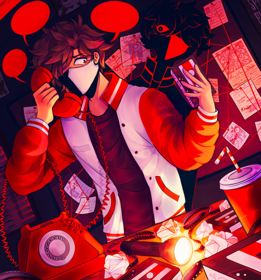 1other androgynous animification brown_eyes brown_hair cup drinking_straw flashlight generation_loss highres holding horror_(theme) indoors jacket kuranberrri looking_down mask mouth_mask other_focus phone ranboo_(generation_loss) shadow shirt short_hair solo speech_bubble videocassette window