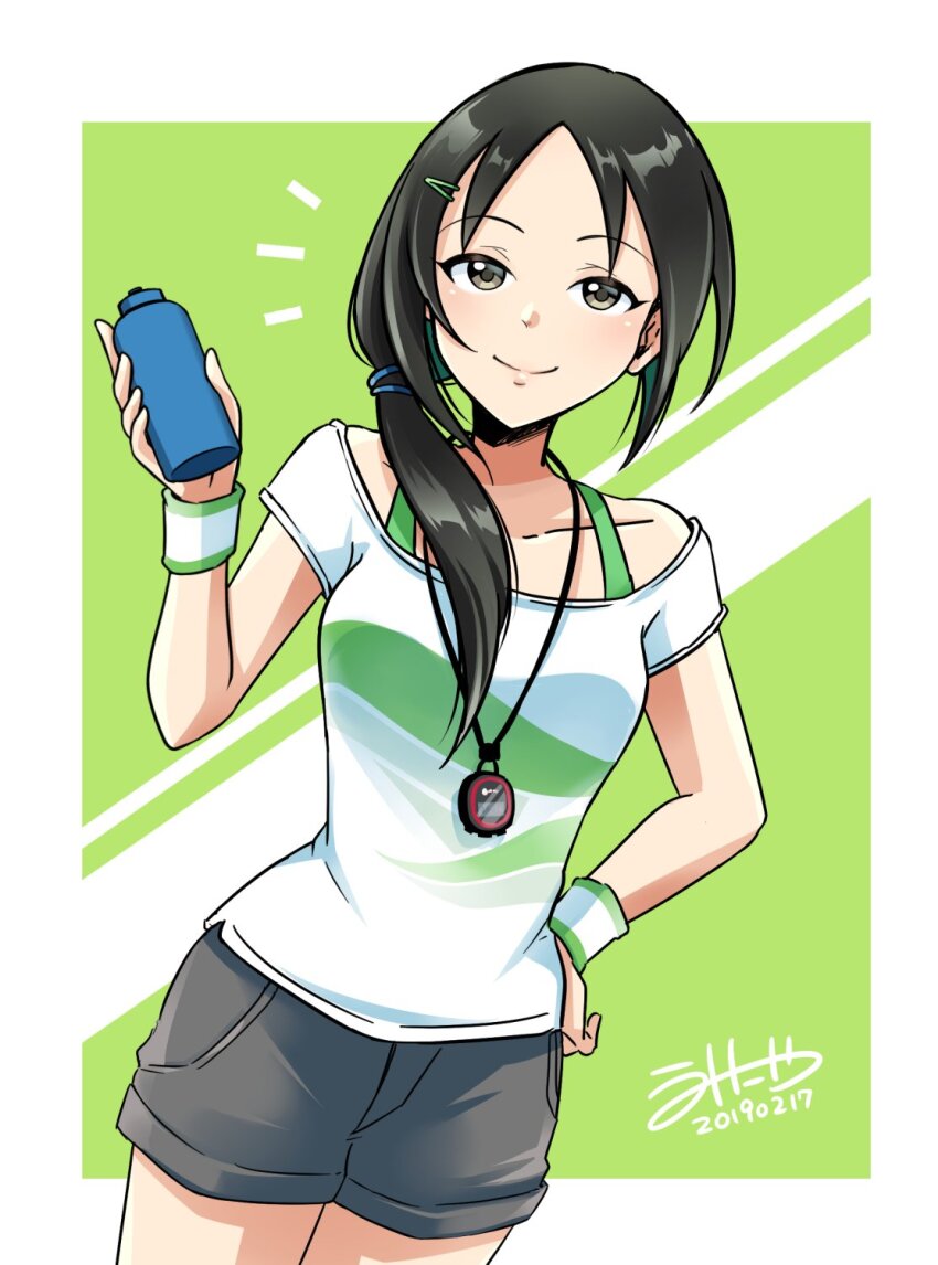 1girl aoki_kei araragi_uminya black_hair black_shorts bottle bra bra_strap brown_eyes collarbone dated green_background green_bra grid_background hair_ornament hair_over_shoulder hairclip hand_on_own_hip highres holding holding_bottle idolmaster idolmaster_cinderella_girls idolmaster_cinderella_girls_starlight_stage long_hair looking_at_viewer outside_border ponytail shirt short_sleeves shorts signature smile solo sports_bra standing stopwatch trainer_(idolmaster) underwear watch white_shirt wristband