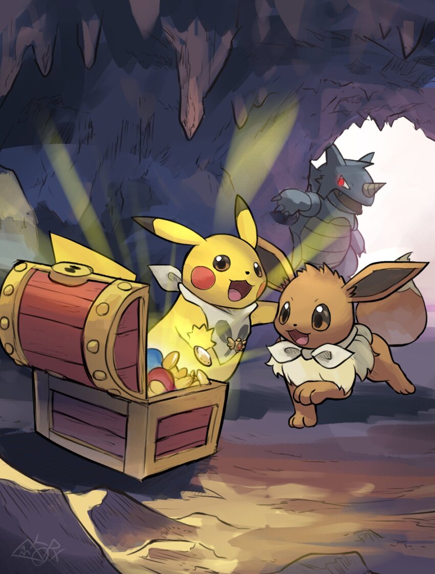bandana cave_interior coin eevee gen_1_pokemon highres nintendo no_humans open_mouth pikachu pokemon pokemon_(creature) pokemon_mystery_dungeon red_eyes rhydon signature stalactite treasure_chest yamaori_(hakkentai_pokedan)