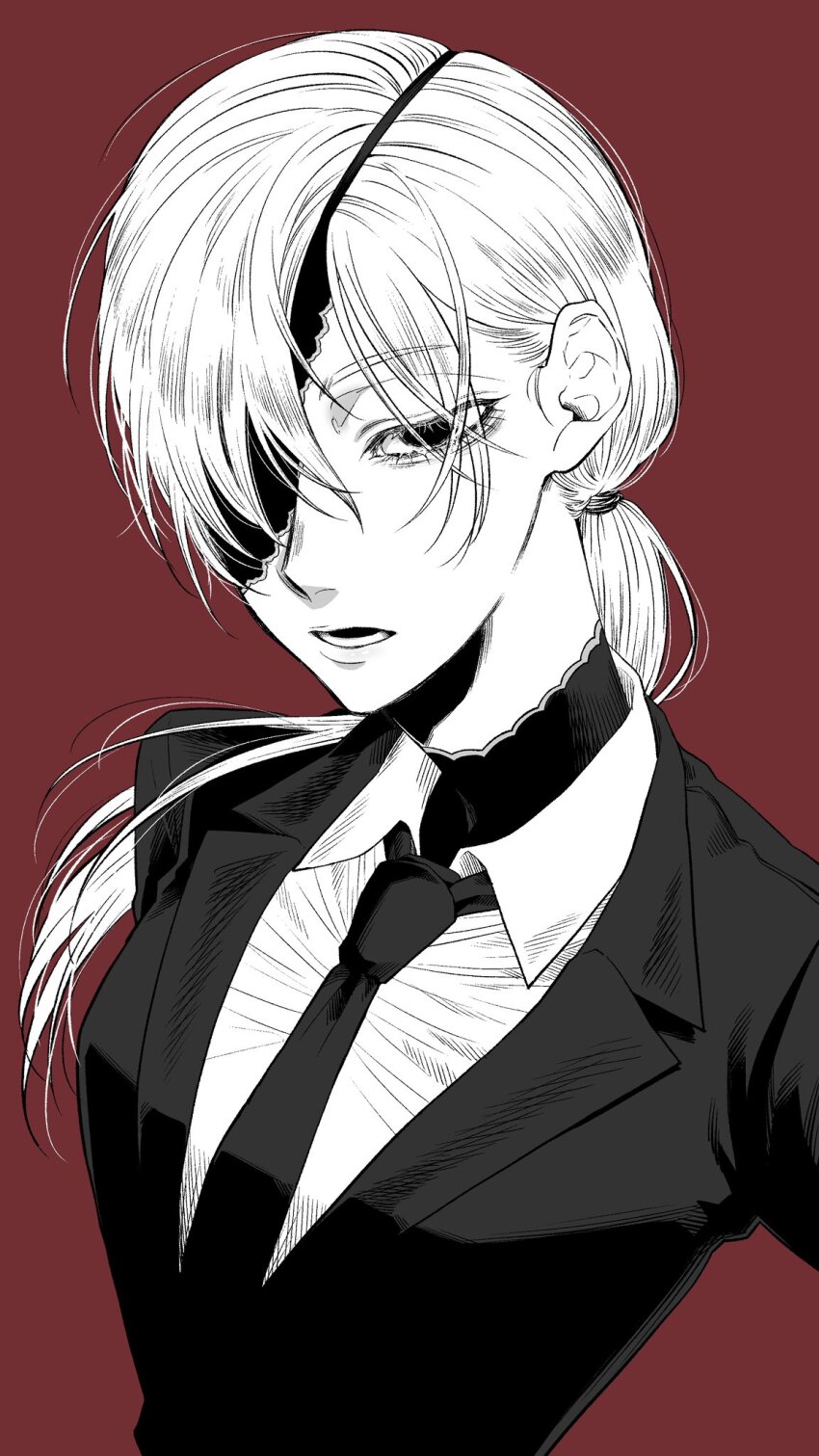1girl brown_background chainsaw_man collared_shirt commentary_request eyepatch greyscale_with_colored_background haru_rice highres jacket long_hair lower_teeth_only necktie open_mouth ponytail quanxi_(chainsaw_man) shirt simple_background solo suit_jacket teeth