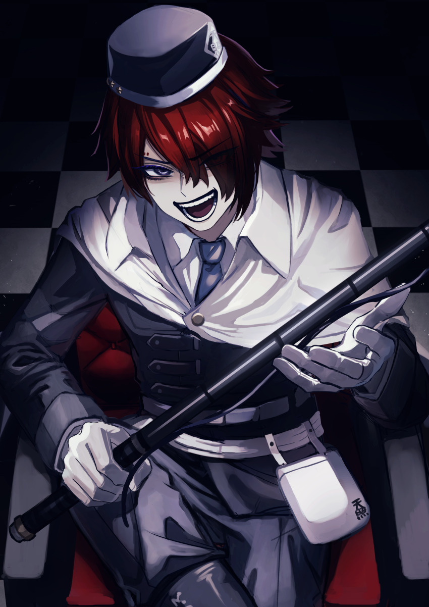 1boy absurdres belt belt_pouch black_hat black_jacket black_pants cape chair checkered_floor collared_shirt commentary_request evil_smile eye_piercing gloves hair_over_one_eye hat highres holding holding_whip jacket long_sleeves looking_at_viewer male_focus master_detective_archives:_rain_code military_hat military_uniform naonosuke_(dr_muraki128) on_chair open_mouth pants pouch red_hair shirt short_hair smile solo whip white_cape white_gloves white_shirt yomi_hellsmile